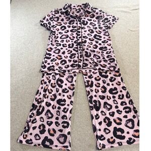 Amanda Blu Pajama Set Women Small Pink Leopard Print Button Down Loungewear